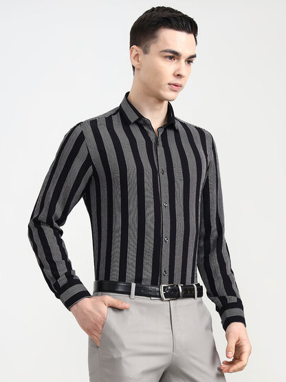 Black & White Striped Slim Fit Party Wear Shirt | Wyre
