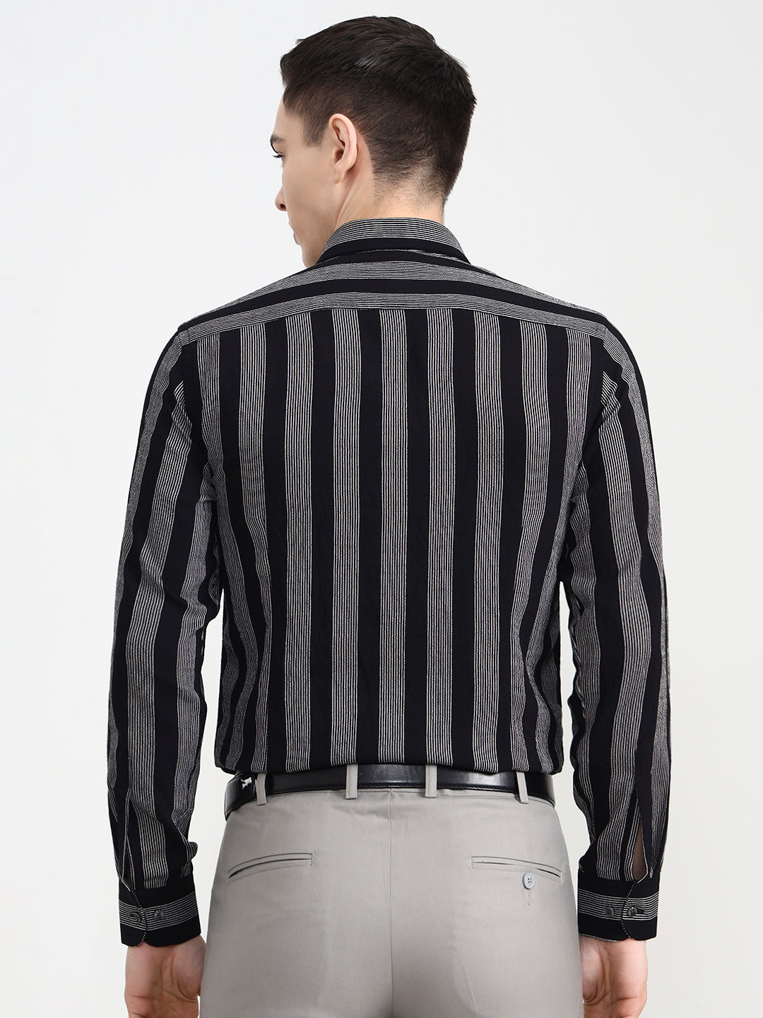 Black & White Striped Slim Fit Party Wear Shirt | Wyre