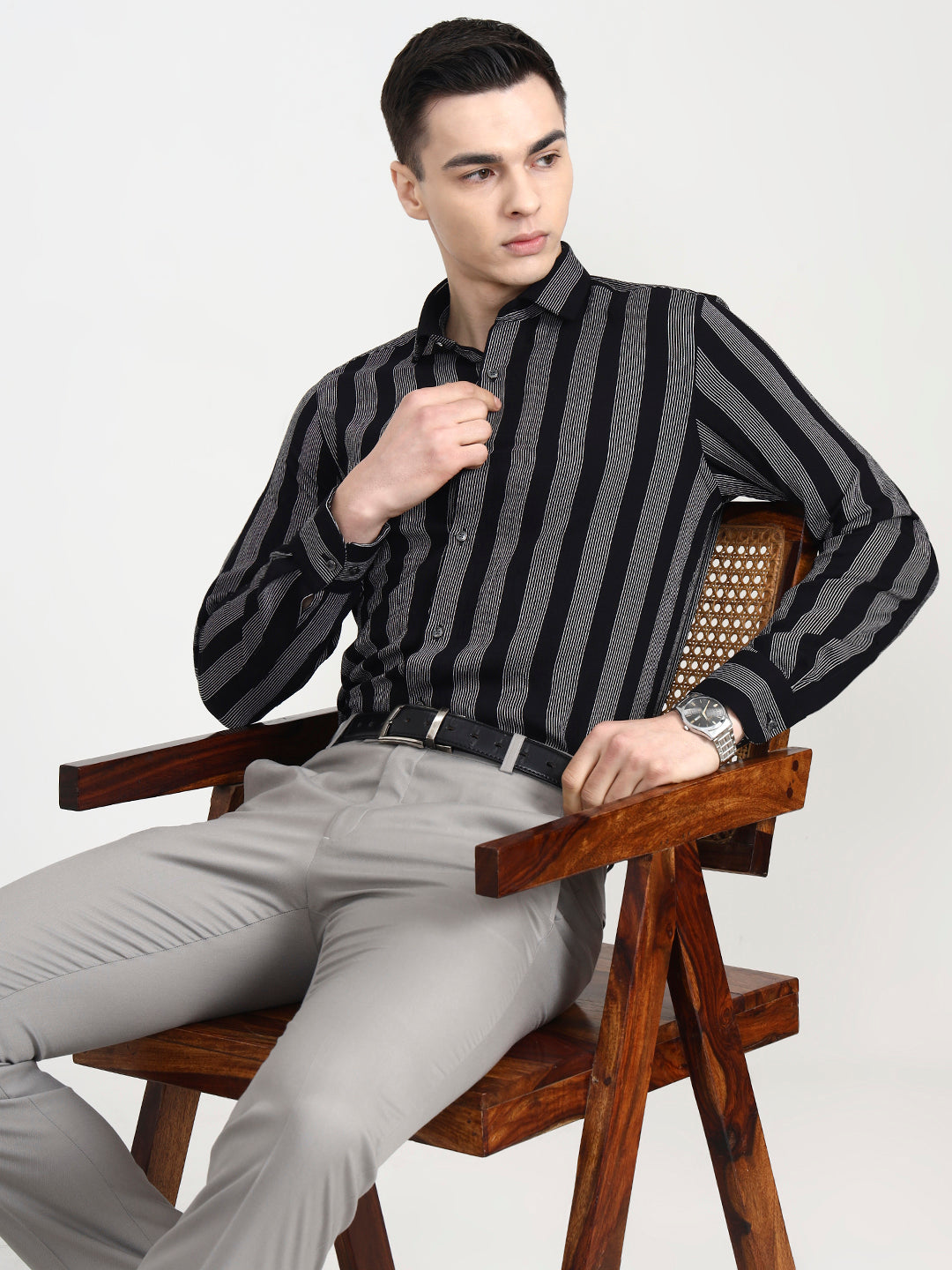 Black & White Striped Slim Fit Party Wear Shirt | Wyre