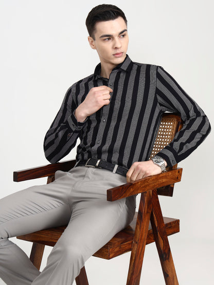 Black & White Striped Slim Fit Party Wear Shirt | Wyre