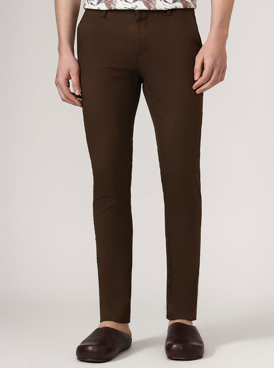 Dark Brown Solid Super Slim Fit Casual Trouser | Greenfibre