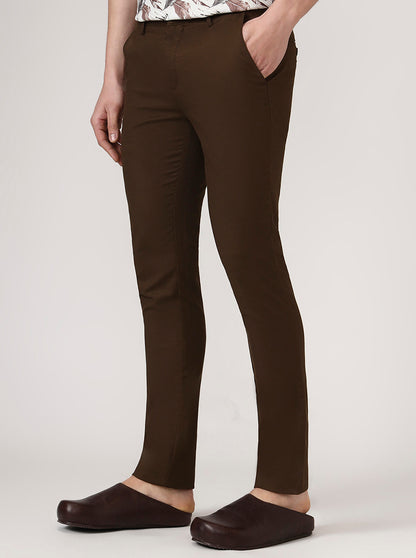 Dark Brown Solid Super Slim Fit Casual Trouser | Greenfibre