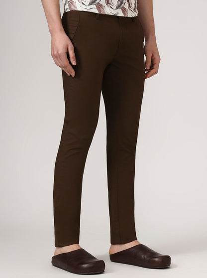Dark Brown Solid Super Slim Fit Casual Trouser | Greenfibre