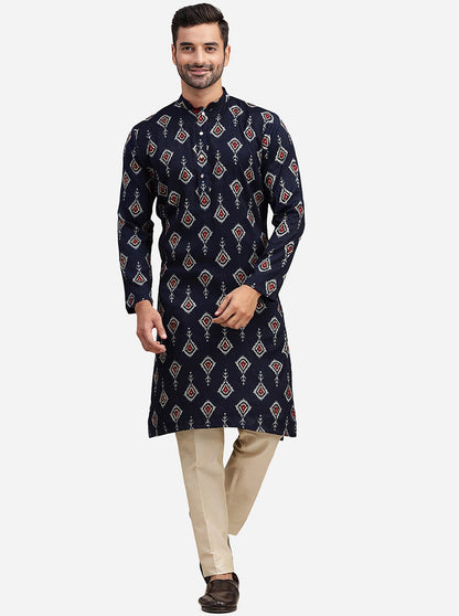 Navy Blue Cotton Blend Straight Cut Printed Kurta | The Kurta Company