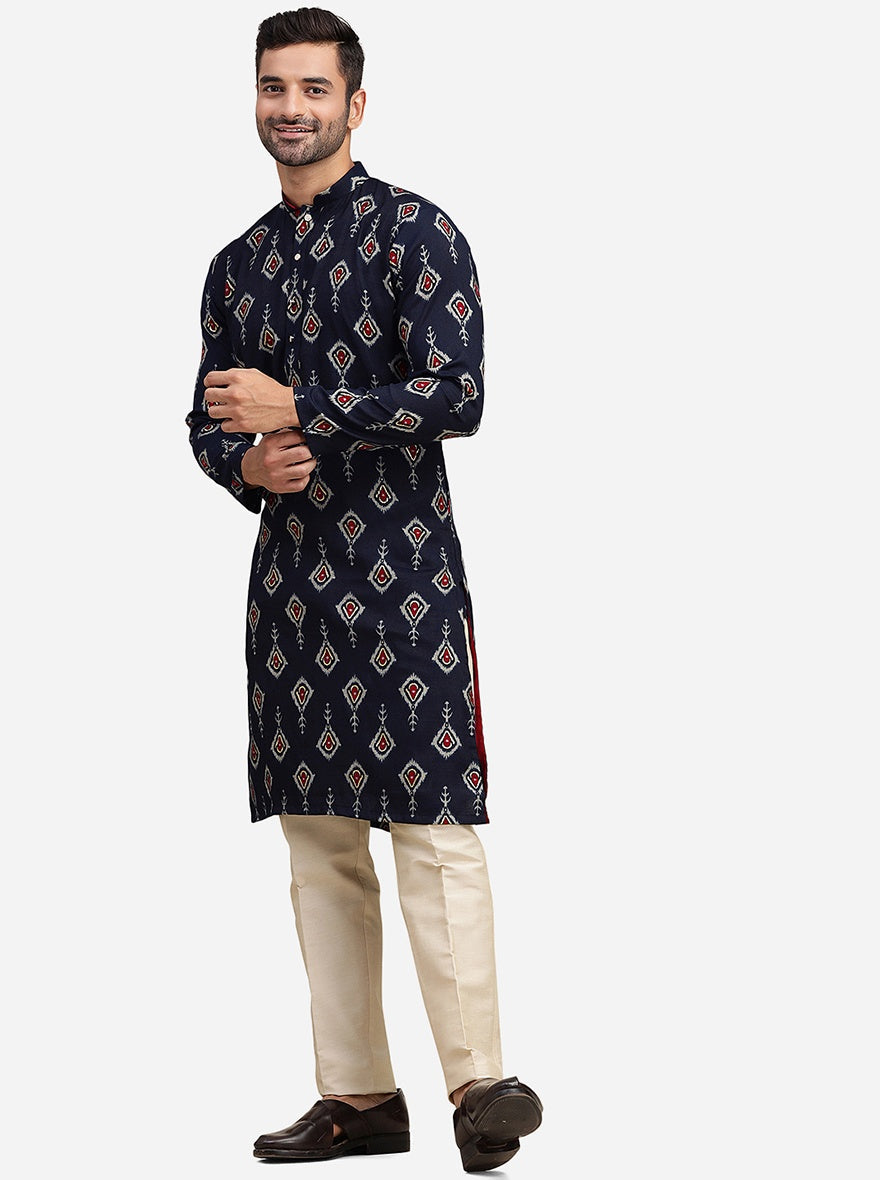 Navy Blue Cotton Blend Straight Cut Printed Kurta | The Kurta Company