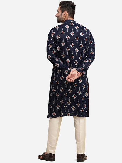 Navy Blue Cotton Blend Straight Cut Printed Kurta | The Kurta Company