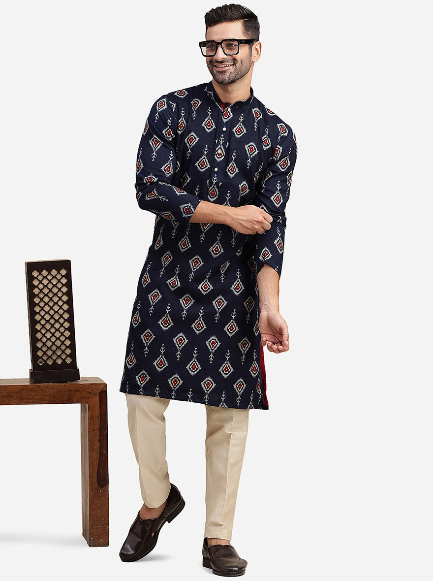 Navy Blue Cotton Blend Straight Cut Printed Kurta | The Kurta Company