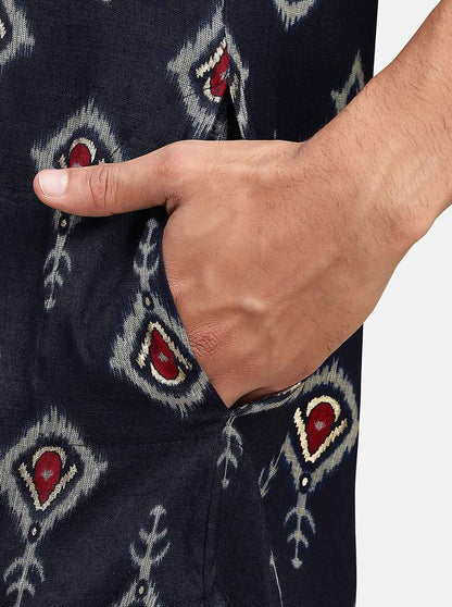 Navy Blue Cotton Blend Straight Cut Printed Kurta | The Kurta Company
