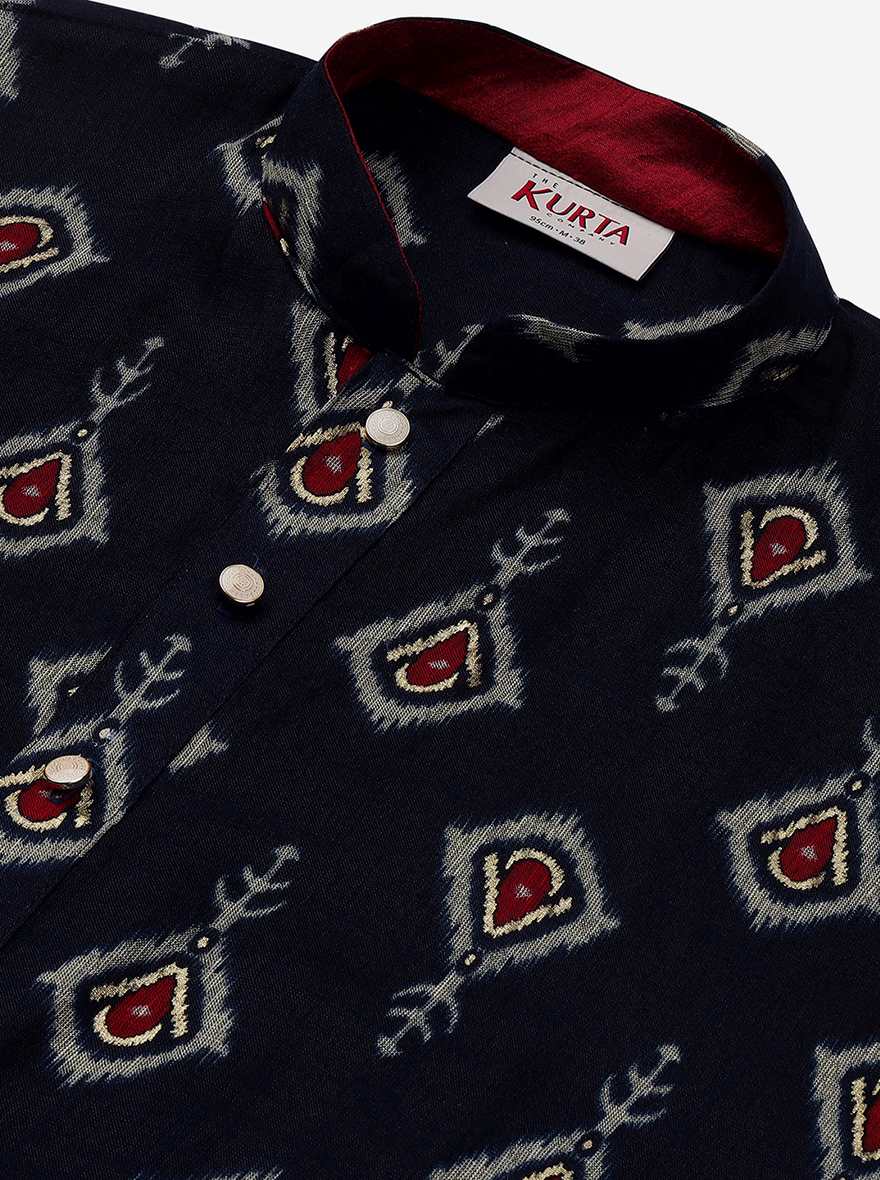 Navy Blue Cotton Blend Straight Cut Printed Kurta | The Kurta Company
