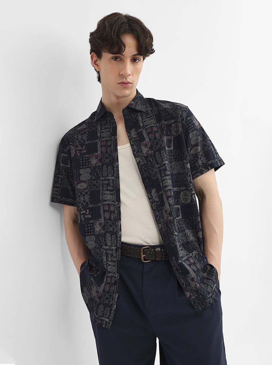 Navy Blue Printed Slim Fit Casual Shirt | JadeBlue
