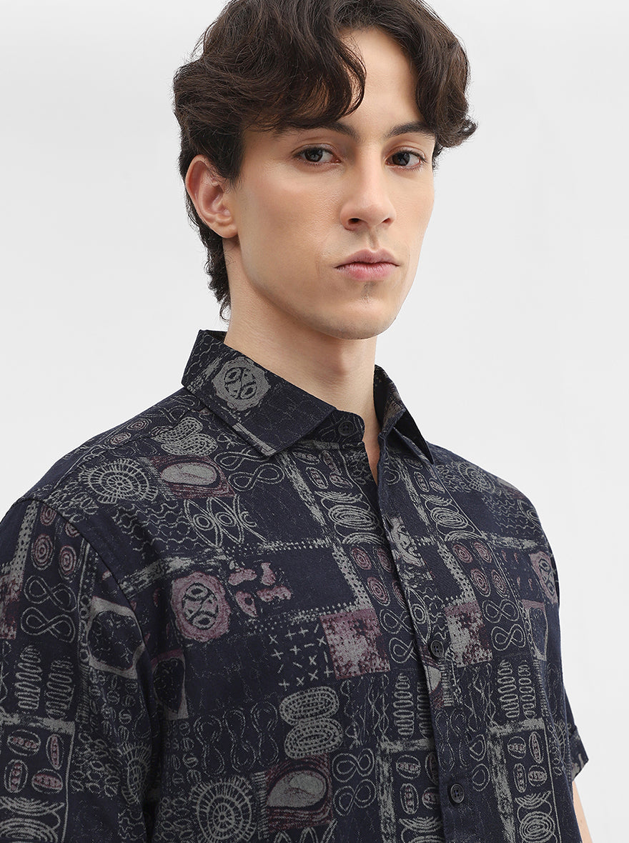 Navy Blue Printed Slim Fit Casual Shirt | JadeBlue
