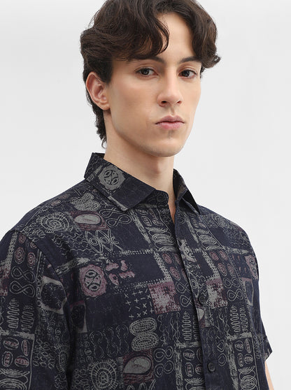 Navy Blue Printed Slim Fit Casual Shirt | JadeBlue