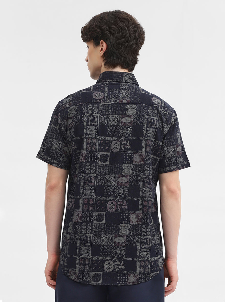 Navy Blue Printed Slim Fit Casual Shirt | JadeBlue