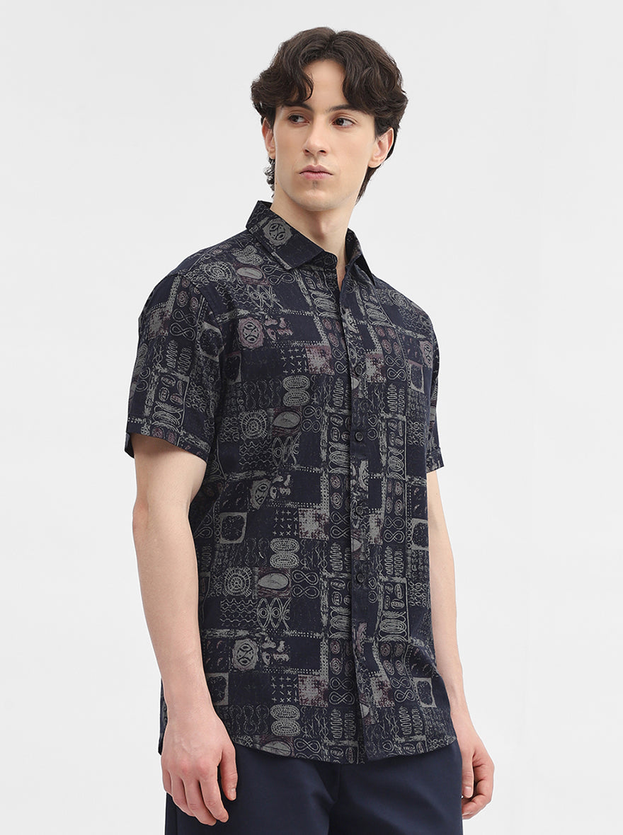 Navy Blue Printed Slim Fit Casual Shirt | JadeBlue
