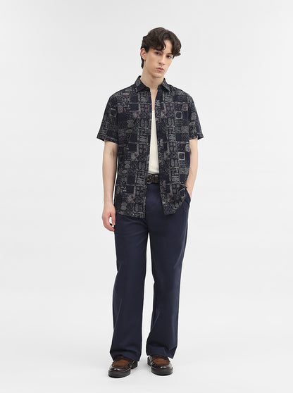 Navy Blue Printed Slim Fit Casual Shirt | JadeBlue