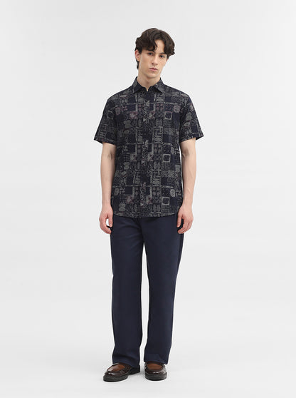 Navy Blue Printed Slim Fit Casual Shirt | JadeBlue