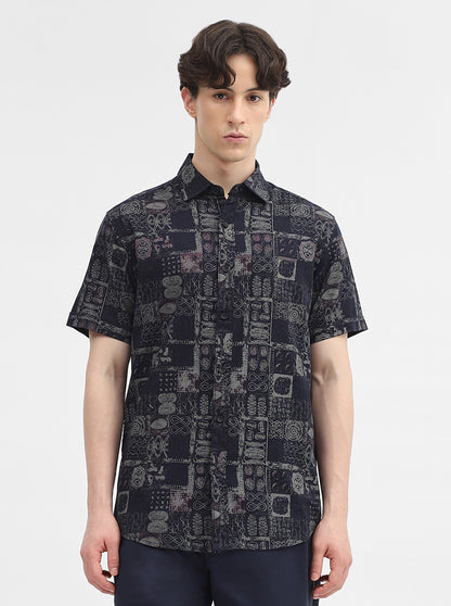 Navy Blue Printed Slim Fit Casual Shirt | JadeBlue