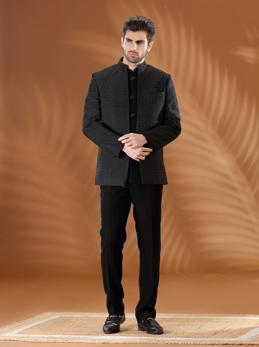 Black Self Textured  Jodhpuri Suit | JadeBlue