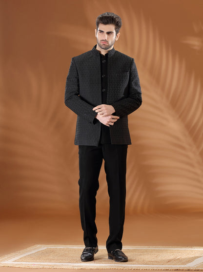 Black Self Textured  Jodhpuri Suit | JadeBlue
