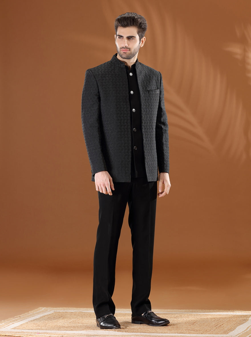 Black Self Textured  Jodhpuri Suit | JadeBlue