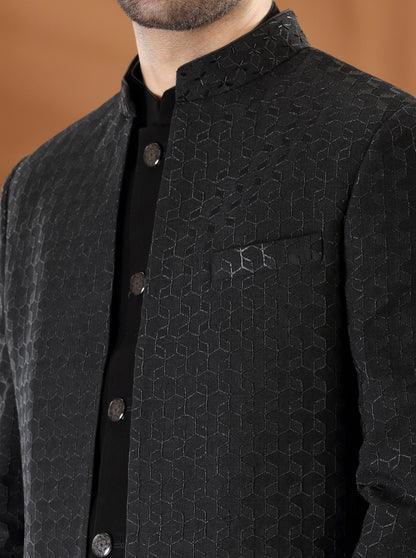 Black Self Textured  Jodhpuri Suit | JadeBlue