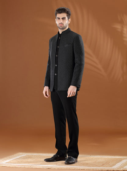 Black Self Textured  Jodhpuri Suit | JadeBlue