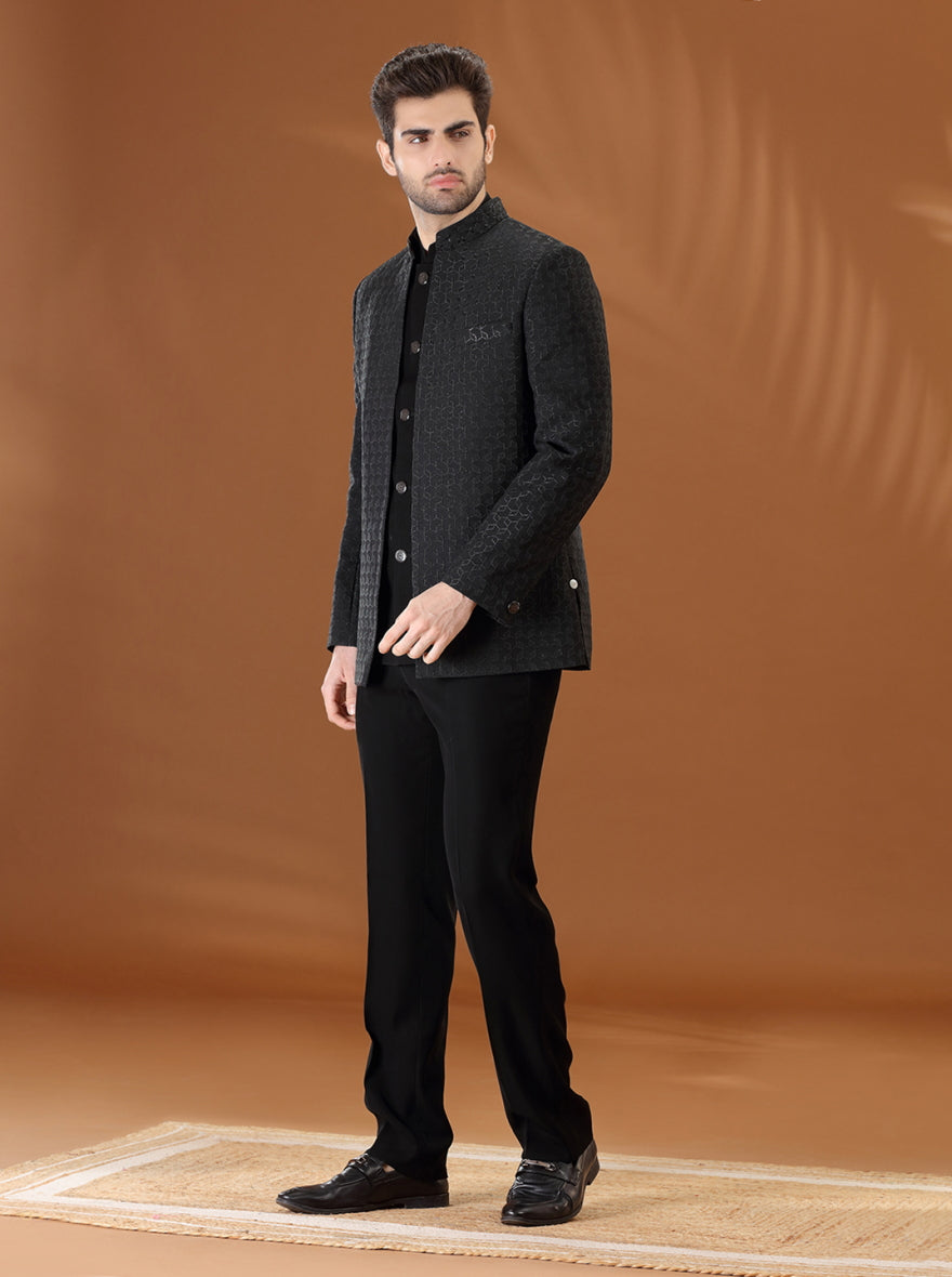 Black Self Textured  Jodhpuri Suit | JadeBlue