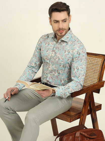 Mint Green Printed Slim Fit Party Wear Shirt | Wyre