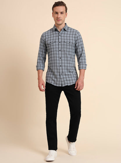 Grey Checked Slim Fit Casual Shirt | JadeBlue