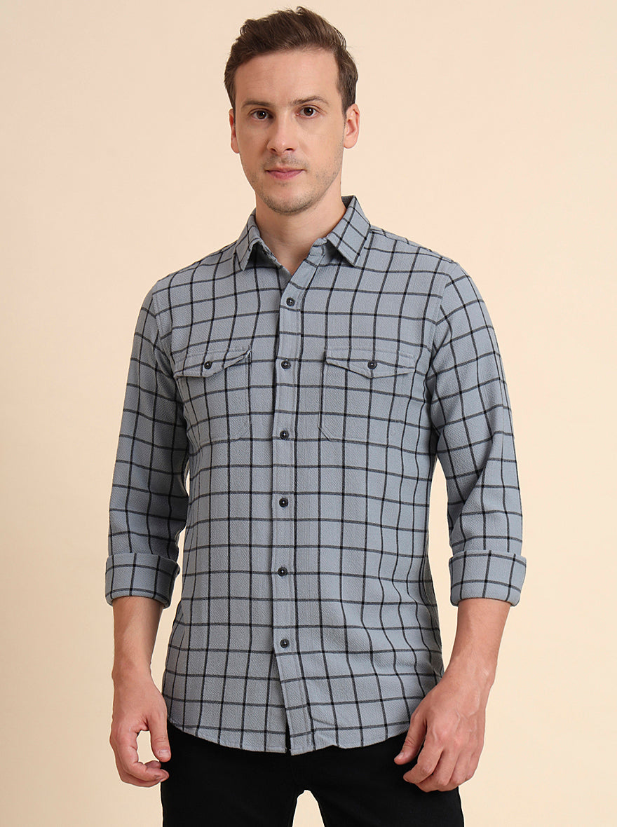 Grey Checked Slim Fit Casual Shirt | JadeBlue