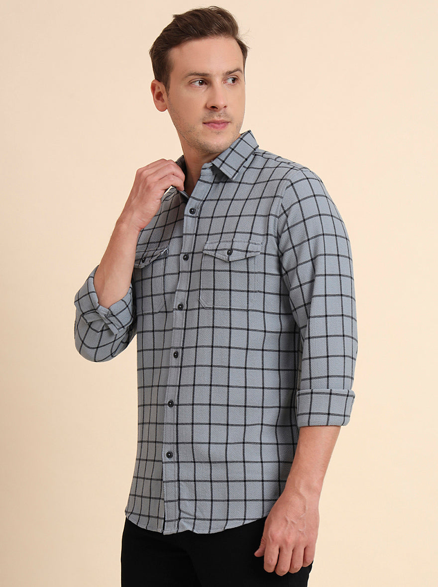 Grey Checked Slim Fit Casual Shirt | JadeBlue