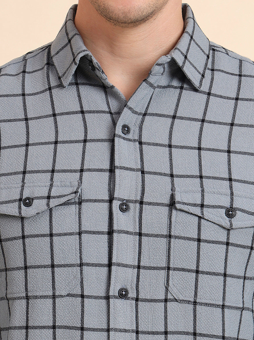 Grey Checked Slim Fit Casual Shirt | JadeBlue
