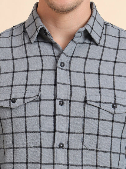 Grey Checked Slim Fit Casual Shirt | JadeBlue
