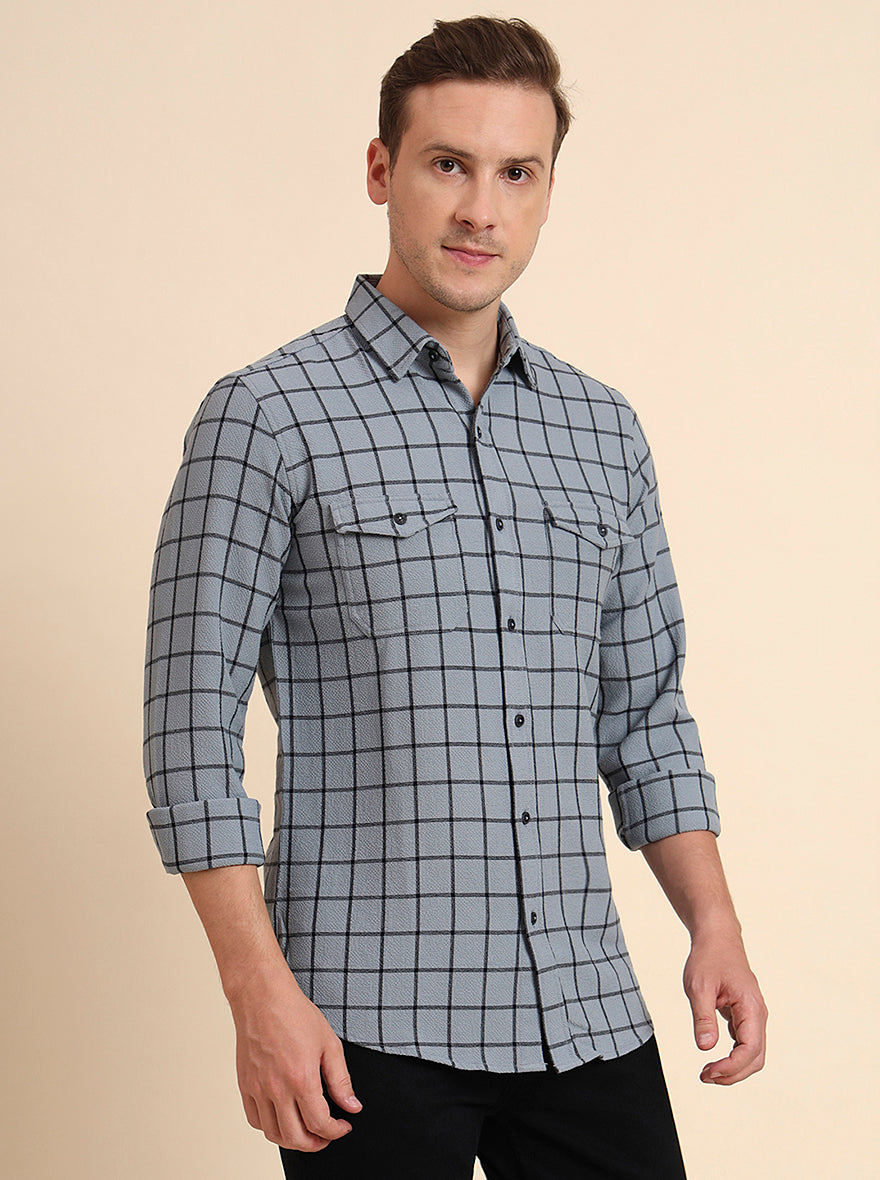 Grey Checked Slim Fit Casual Shirt | JadeBlue