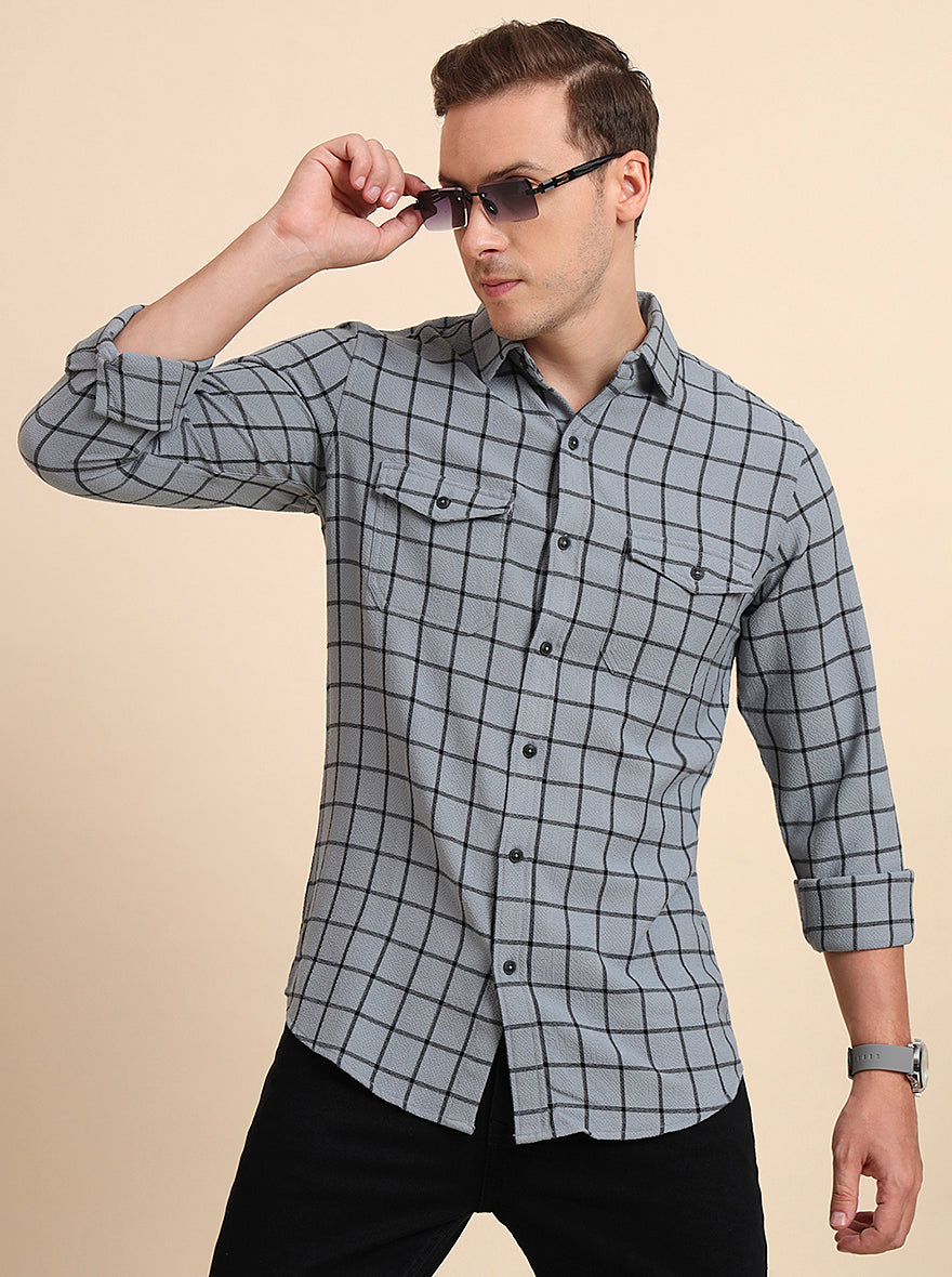 Grey Checked Slim Fit Casual Shirt | JadeBlue