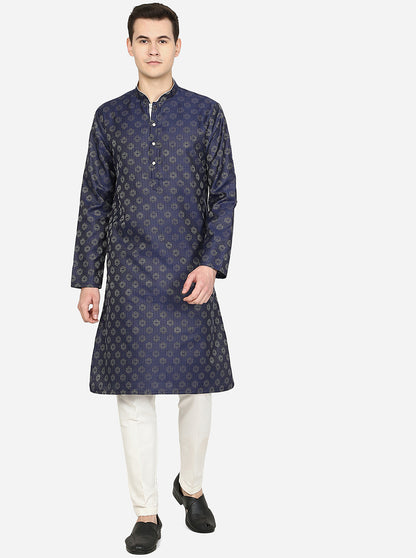 Navy Blue Printed Silk Blend Kurta | The Kurta Company