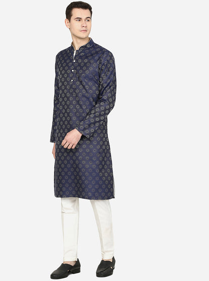 Navy Blue Printed Silk Blend Kurta | The Kurta Company