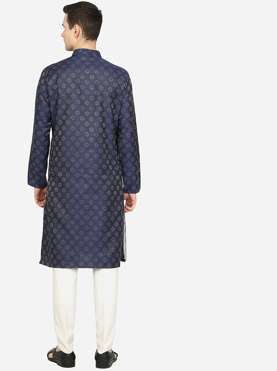 Navy Blue Printed Silk Blend Kurta | The Kurta Company
