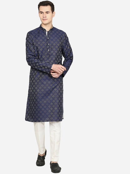 Navy Blue Printed Silk Blend Kurta | The Kurta Company