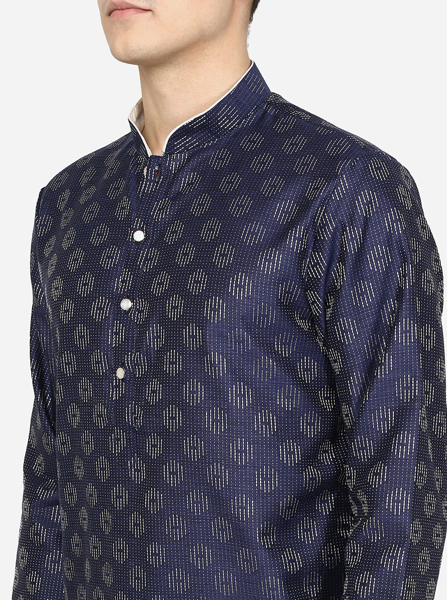 Navy Blue Printed Silk Blend Kurta | The Kurta Company