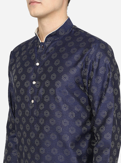 Navy Blue Printed Silk Blend Kurta | The Kurta Company