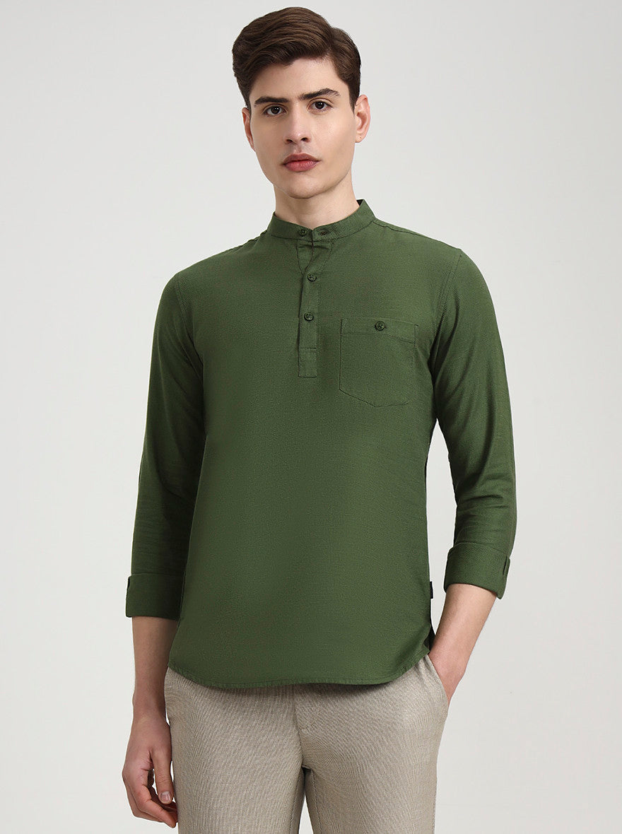 Olive Solid Slim Fit Sort Kurta | JadeBlue