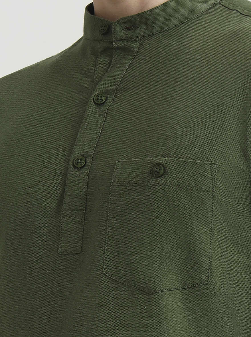 Olive Solid Slim Fit Sort Kurta | JadeBlue