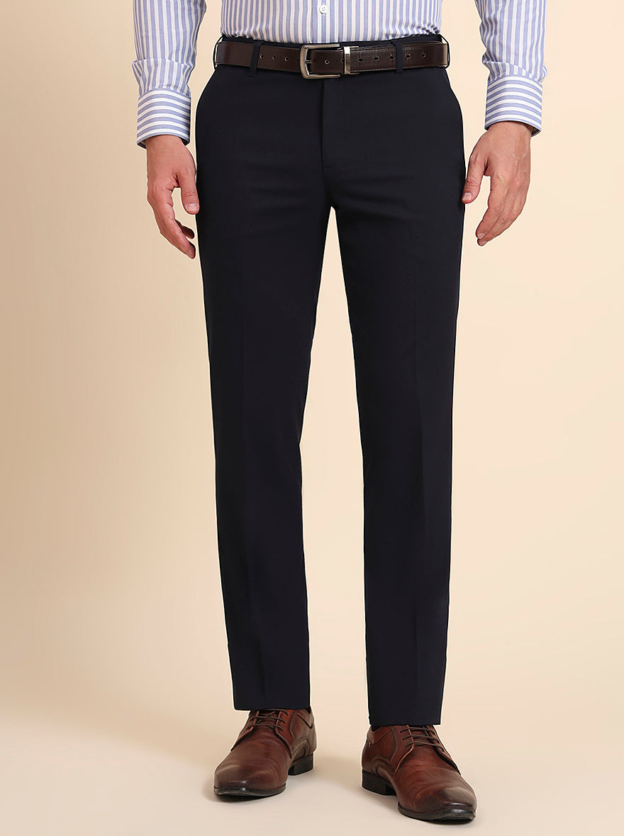 Navy Blue Solid Slim Fit Formal Trouser | Metal