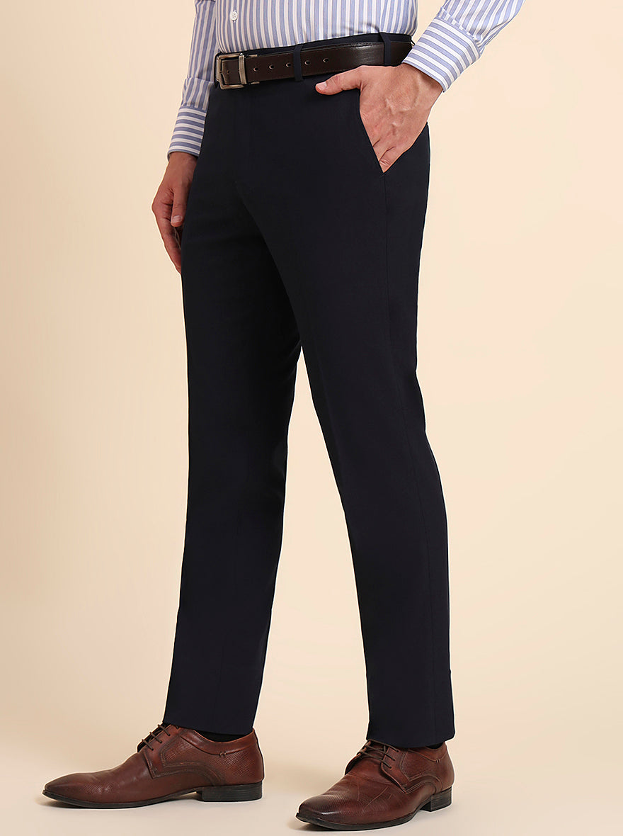 Navy Blue Solid Slim Fit Formal Trouser | Metal