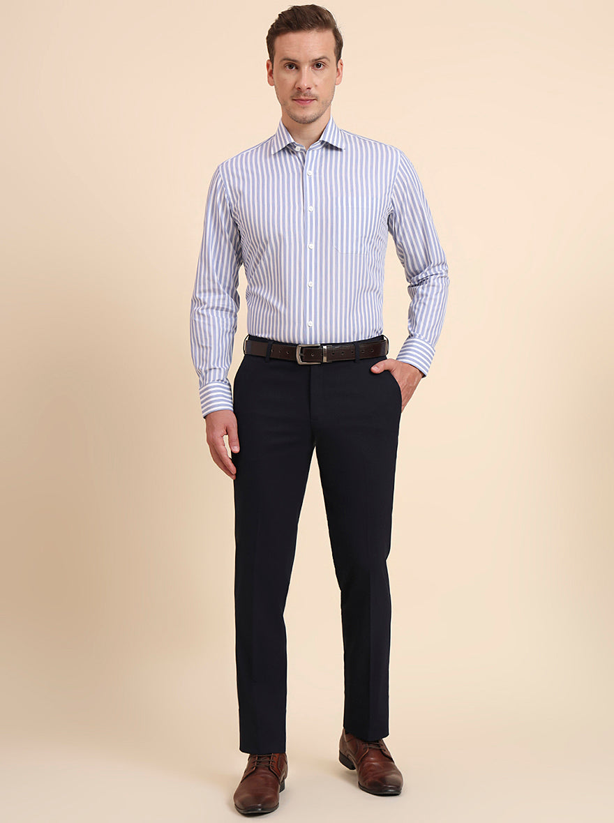 Navy Blue Solid Slim Fit Formal Trouser | Metal