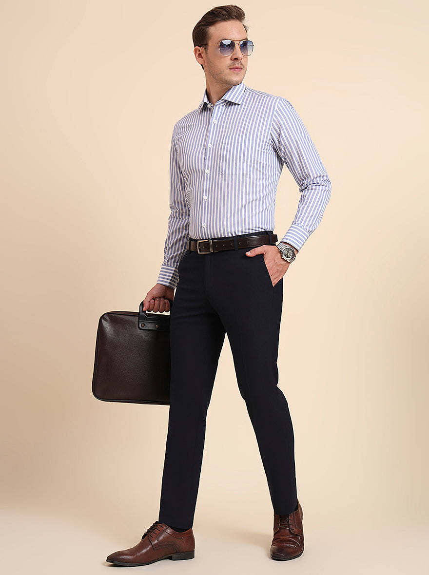 Navy Blue Solid Slim Fit Formal Trouser | Metal