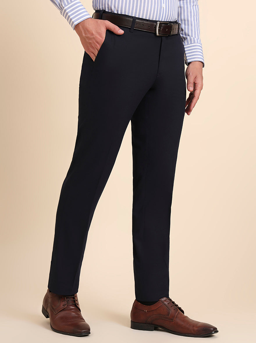 Navy Blue Solid Slim Fit Formal Trouser | Metal