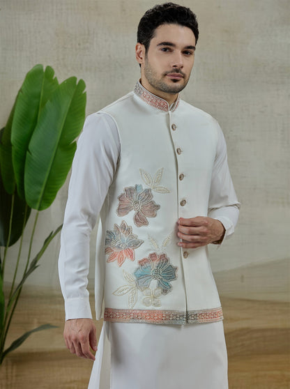 White & Cream Embroidered Kurta Pajama with Koti | TULA