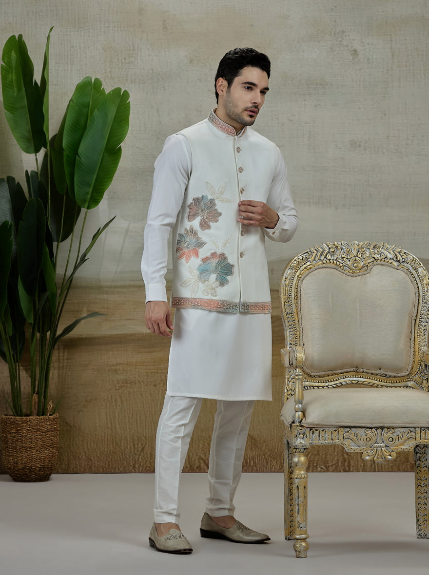 White & Cream Embroidered Kurta Pajama with Koti | TULA